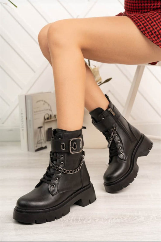 Black PU Leather Boots Chain Winter Thick Sole Zippered Lace-up Medium Size 5 cm Heel Daily