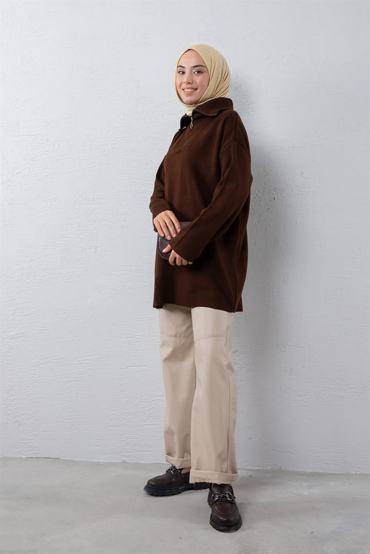 Zippered Turtleneck Sweater Brown