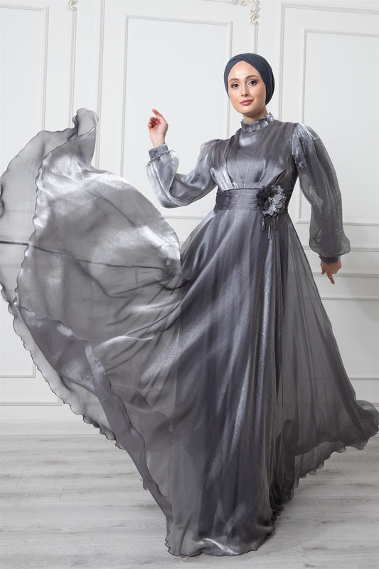 Rose Brooch Evening Dress Gray