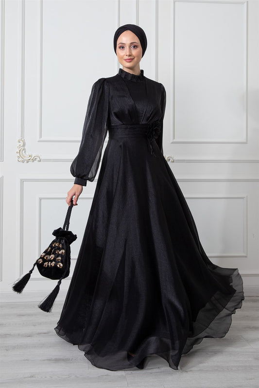 Rose Brooch Evening Dress Black