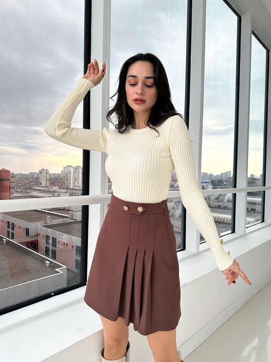 Brown Pleated Gold Buttoned Skirt