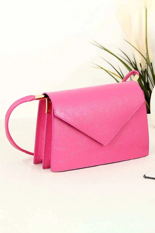 2-Compartment Magnet Clamshell Shoulder Leather Bag - Fuchsia