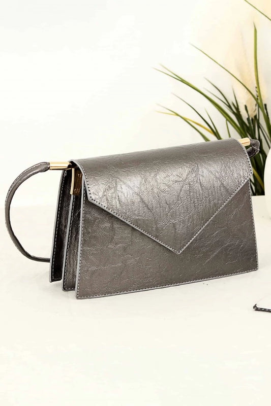 2-Compartment Magnet Clamshell Shoulder Leather Bag - Gray