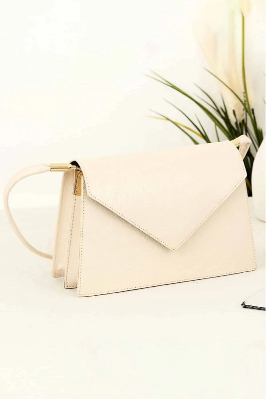 2-Compartment Magnet Clamshell Shoulder Leather Bag - Cream