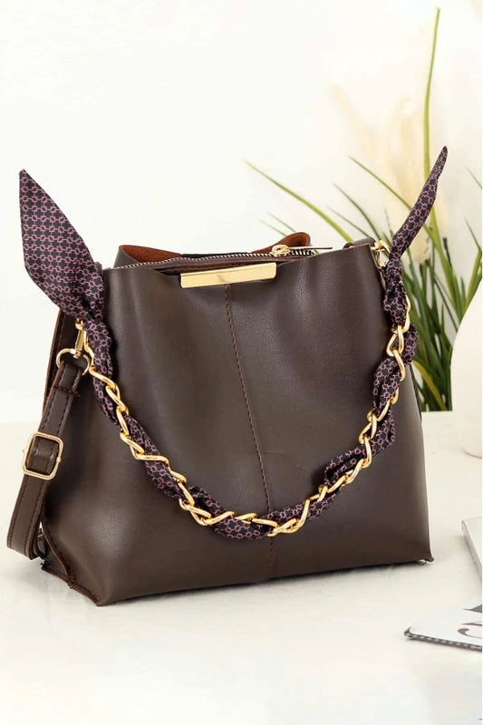 Women's Shoulder Bag with Scarf and Chain Strap - Bitter Brown