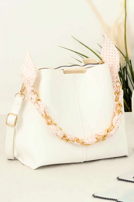 Women's Shoulder Bag with Scarf and Chain Strap - White