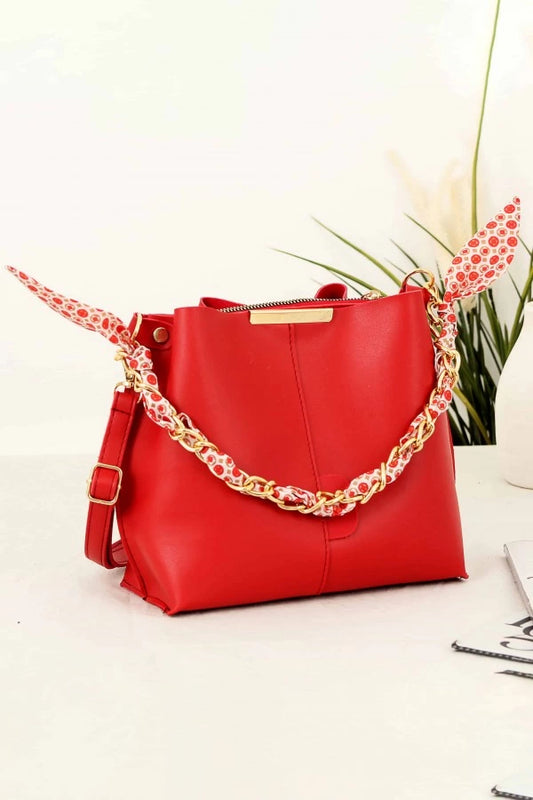 Women's Shoulder Bag with Scarf and Chain Strap - Red