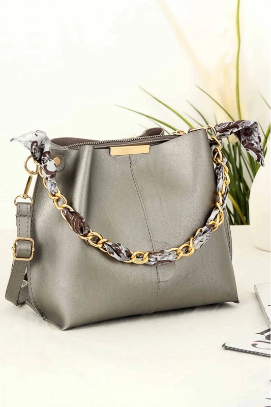 Women's Shoulder Bag with Scarf and Chain Strap - Lead Gray