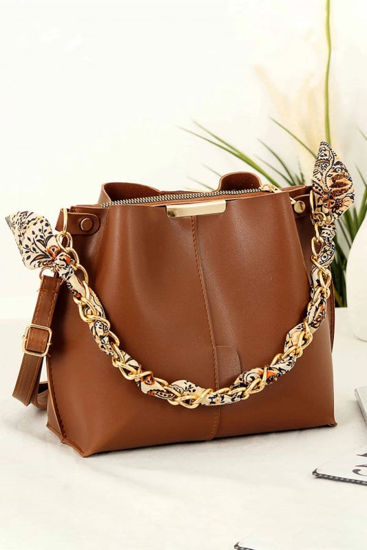 Women's Shoulder Bag with Scarf and Chain Strap - Ginger