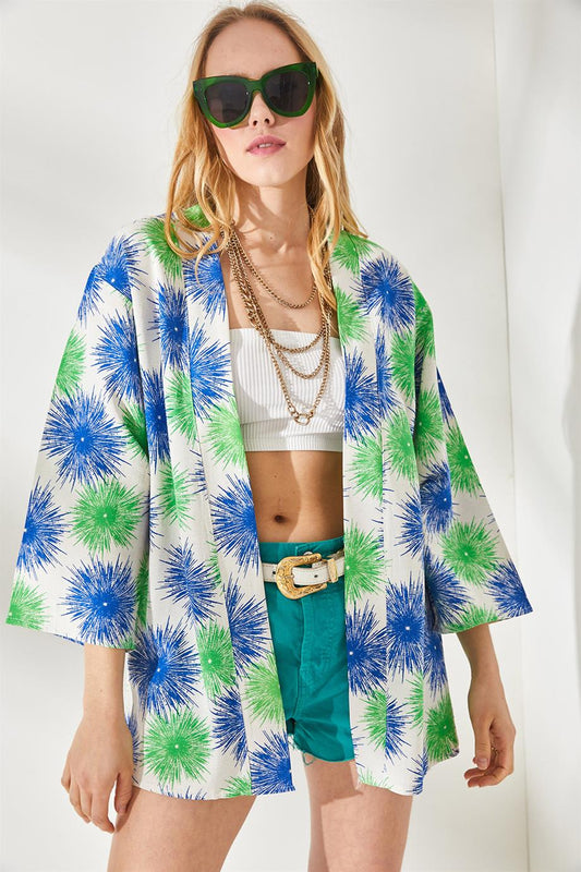 Shabby Woven Kimono Green Sax Blue