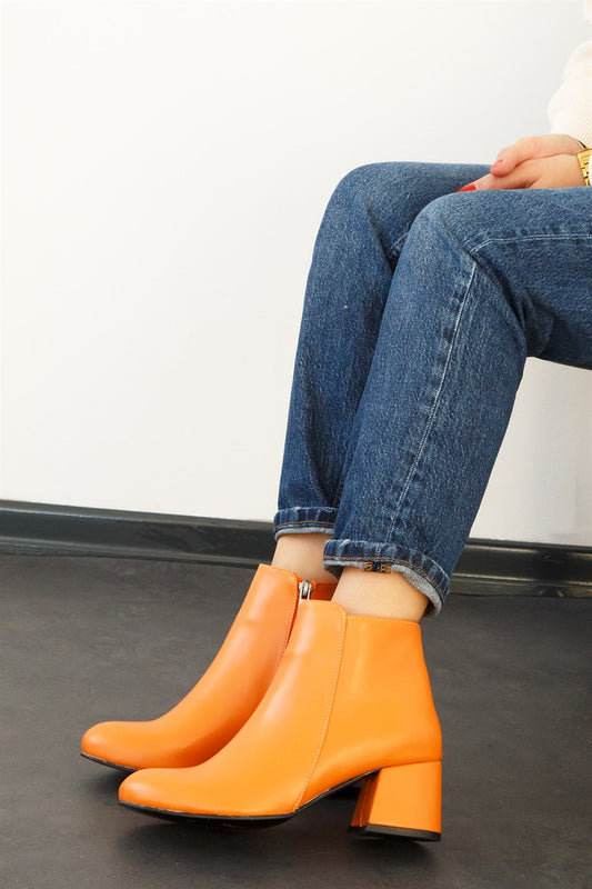 Zippered Thick Heeled Orange Leather Boots