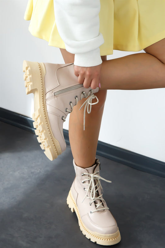 Lace-up Beige Leather Boots