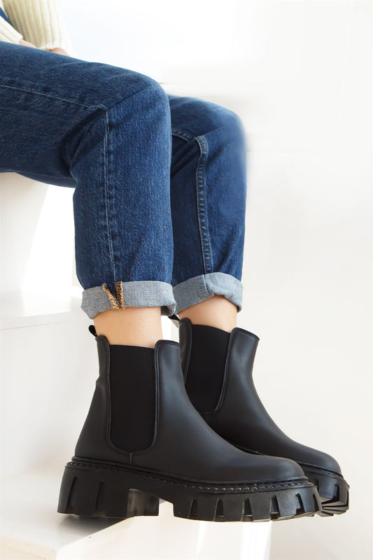 Black Leather Elastic Side Boots