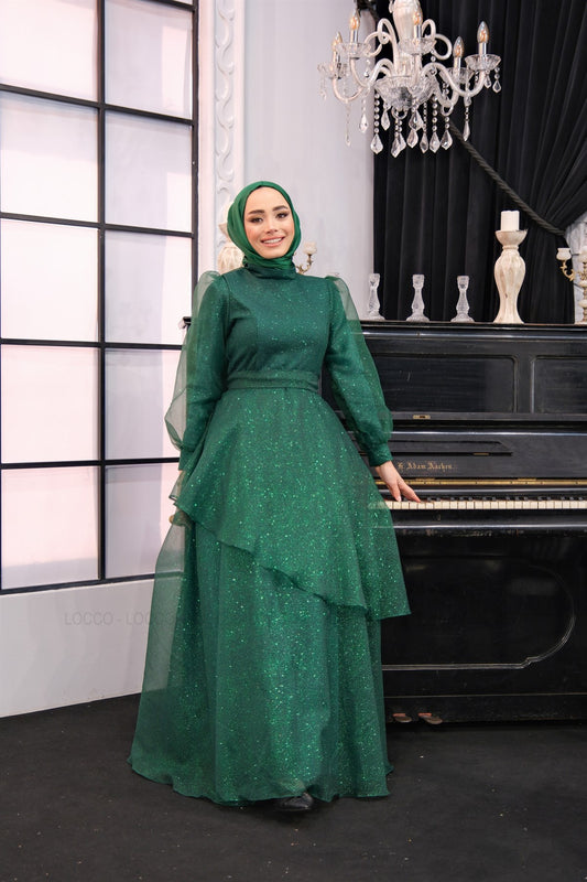 GREEN EVENING DRESS WITH SILVER LAYER DAY